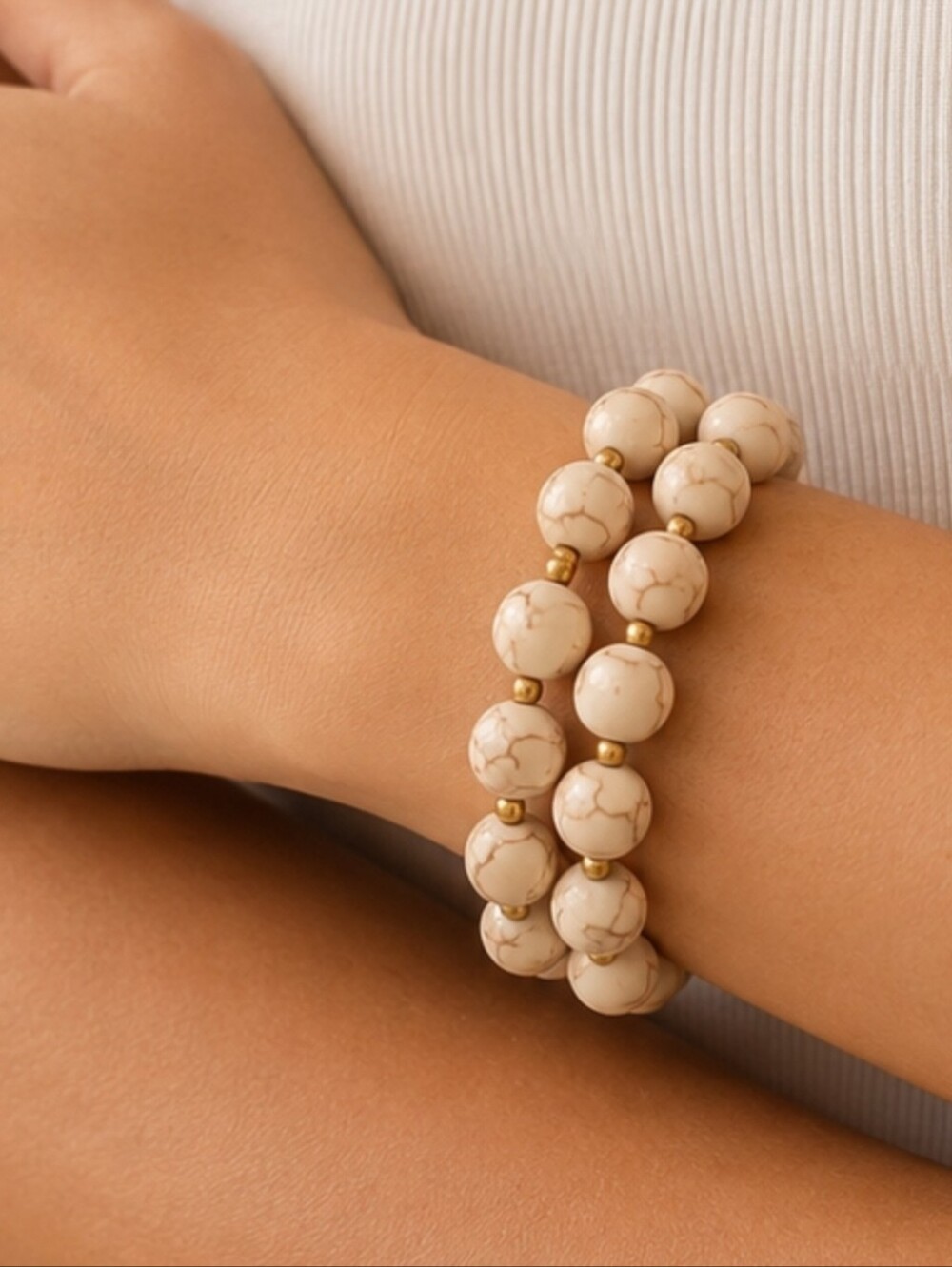 Beige Marble Stretch Bead Bracelet with Gold Accents